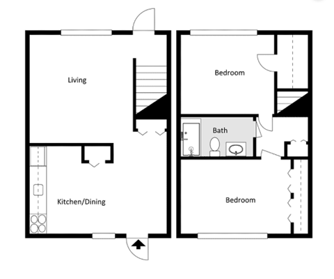 A black and white image of a floor plan for a small apartment.